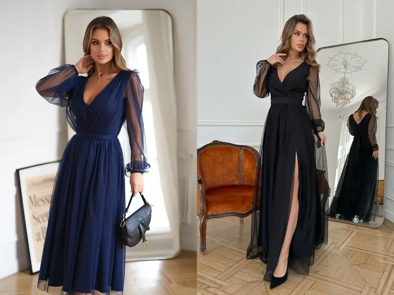 Eleganckie sukienki wieczorowe w kolorze granatowym i czarnym, idealne na specjalne okazje. Doskonały dress code damski.