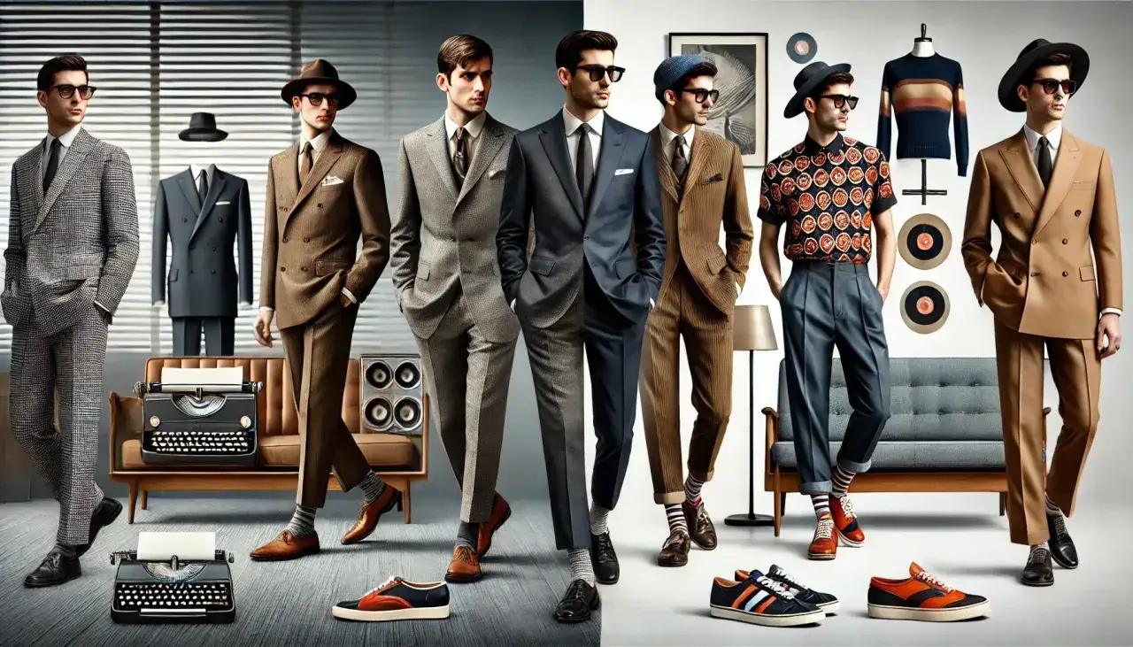 Eleganccy mężczyźni prezentują różnorodne męskie style ubioru, od klasycznych garniturów po bardziej swobodne zestawy.