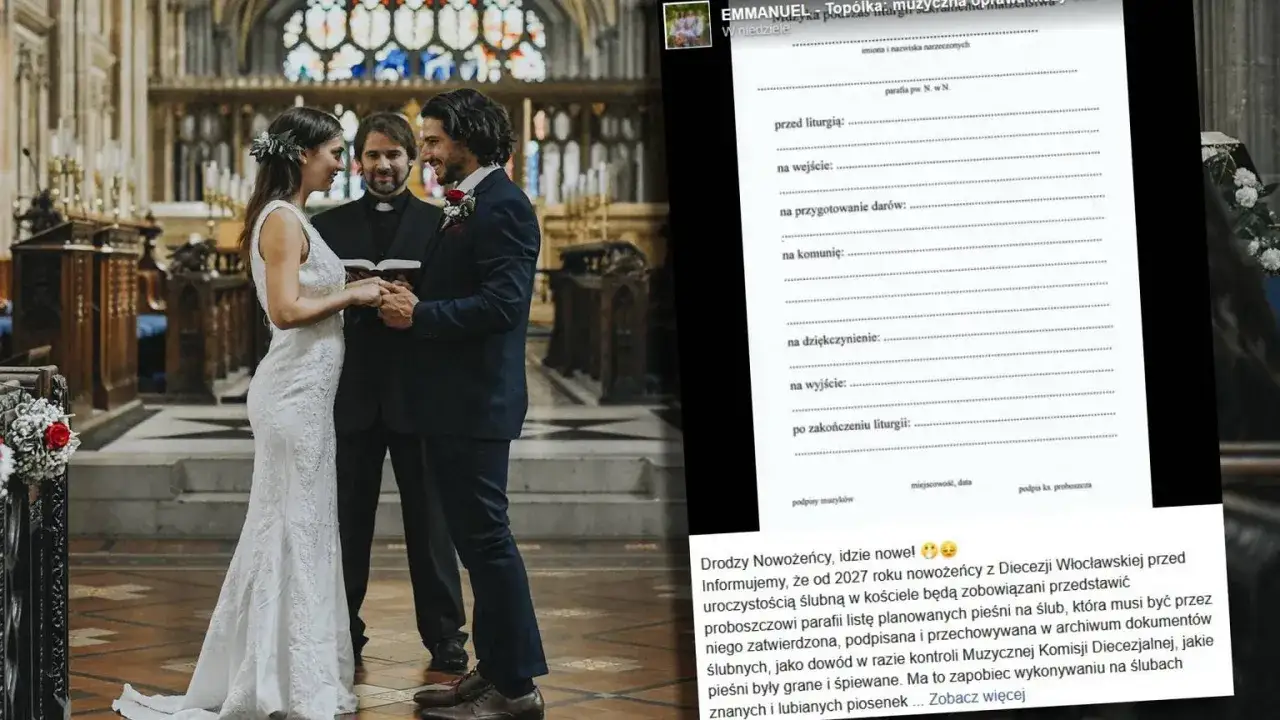 Para młoda podczas ślubu, obok nich duchowny. Na ekranie obok lista planowanych pieśni na ślub.
