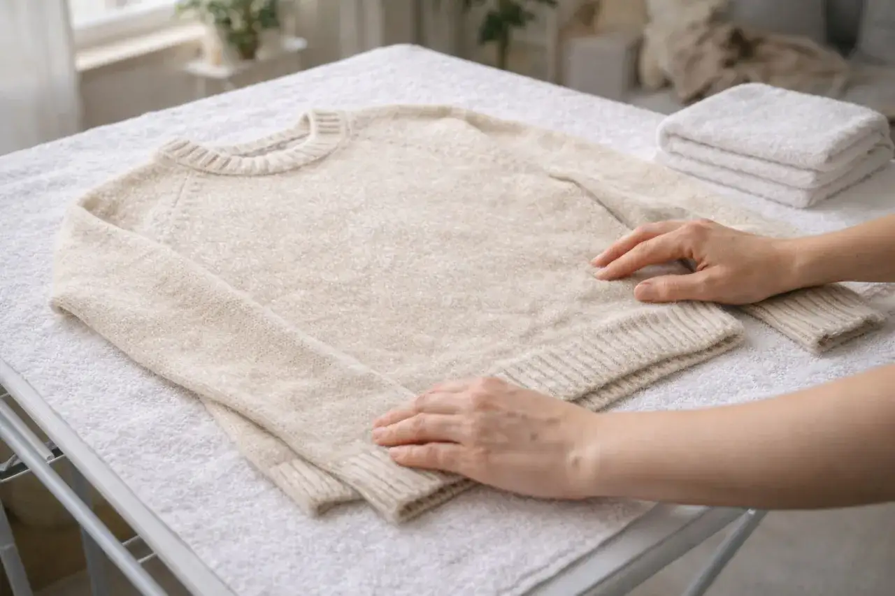 Delikatne dłonie układają beżowy sweter z wełny na ręczniku, pokazując, jak prać wełniany sweter, by zachował formę.