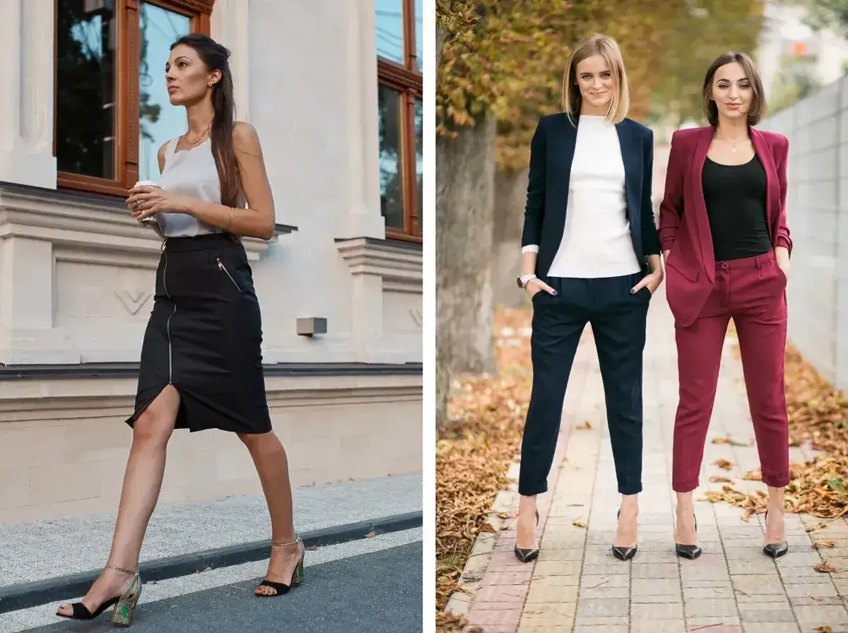 Elegancka stylizacja na imprezę firmową: czarna spódnica z zamkiem i szpilki lub granatowy i bordowy garnitur z białym topem.
