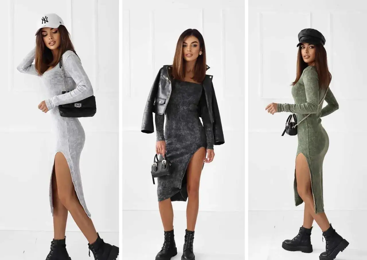 Trzy kobiety prezentują elegancki styl damski w dopasowanych sukienkach z rozcięciami i butach.