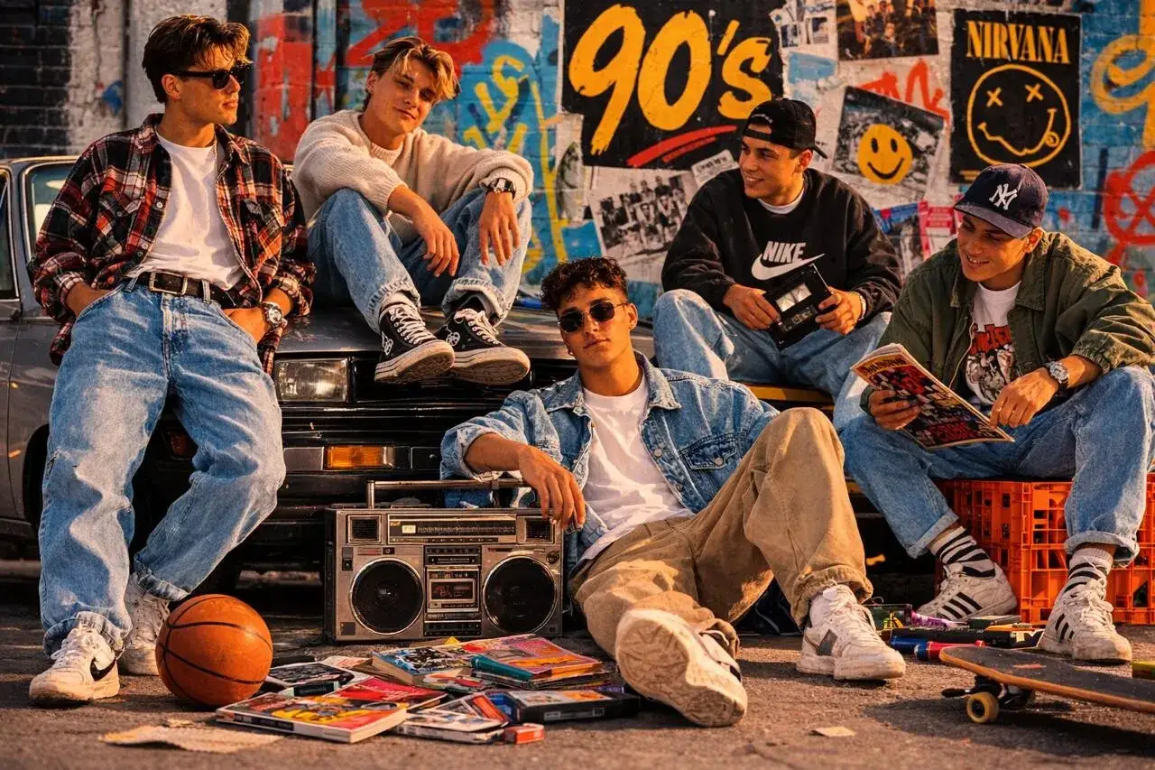Pięciu młodych mężczyzn w luźnych dżinsach i flanelowych koszulach, uosabiających modę męską lat 90., siedzi na masce samochodu obok boomboxa i kaset VHS.