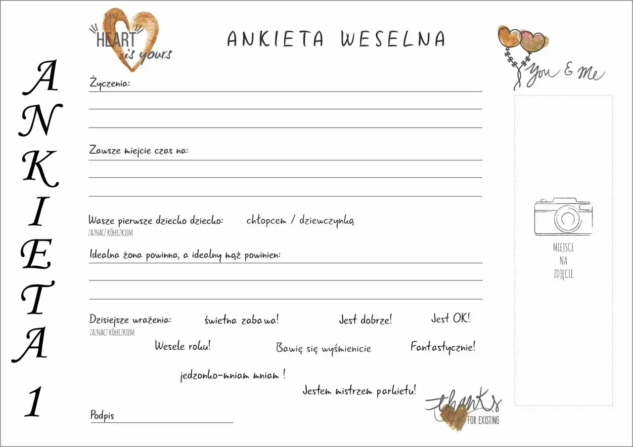 Księga gości z ankietą weselną. Pytania o życzenia, dzieci, idealnych małżonków i wrażenia z wesela.
