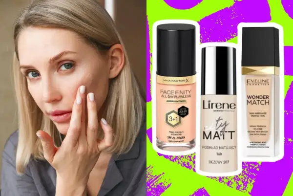 Kobieta aplikuje podkład, który nie zapycha. Obok trzy kosmetyki: Max Factor Face Finity, Lirene City Matt i Eveline Wonder Match.