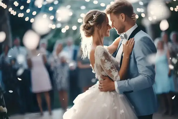 Para młoda tańczy przy świetle lampek. Ile pieśni na ślub pasuje do tej chwili?