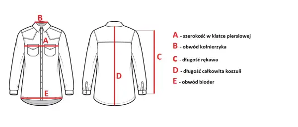 Schemat pokazuje, jak zmierzyć obwód szyi (B - obwód kołnierzyka) oraz inne wymiary koszuli: A, C, D, E.