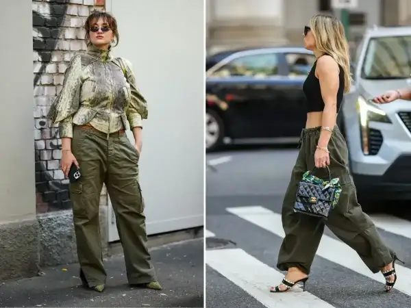 Dwie kobiety w spodniach bojówkach w kolorze khaki. Jedna w bluzce z wzorem, druga w krótkim czarnym topie.