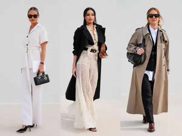 Elegancka wiosenna stylizacja: biały garnitur, koronkowa sukienka i beżowy trencz. Trzy kobiety prezentują modne outfity.