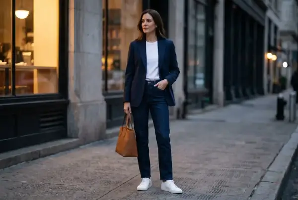 Kobieta w granatowej marynarce i jeansach, tworząca stylizację smart casual damski. W dłoni trzyma brązową torebkę.