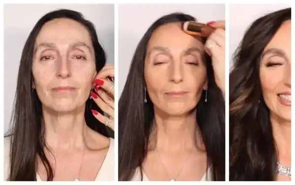 Kobieta z makijażem i bez, pokazuje transformację od naturalnego wyglądu do pełnego blasku. Efekt makeup no makeup.