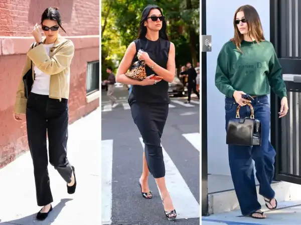 Trzy kobiety w stylizacjach casual: Kendall Jenner w beżowej kurtce i czarnych jeansach, Dua Lipa w czarnej sukience, Hailey Bieber w zielonej bluzie i szerokich jeansach.
