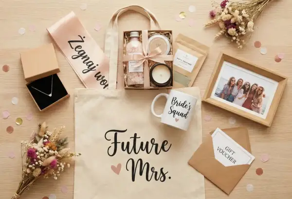 Niespodzianka od świadkowej: torba z napisem "Future Mrs.", naszyjnik, kosmetyki, świeca, ramka ze zdjęciem, bukiet i voucher.