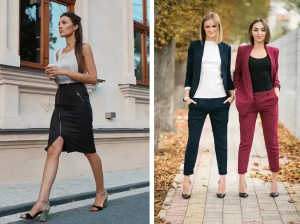 Elegancka stylizacja na imprezę firmową: czarna spódnica z zamkiem i biały top, obok dwie kobiety w garniturach – granatowym i bordowym.