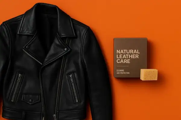 Czyszczenie kurtki skórzanej z użyciem zestawu Natural Leather Care. Czarna ramoneska obok pudełka z kosmetykami i gąbki.